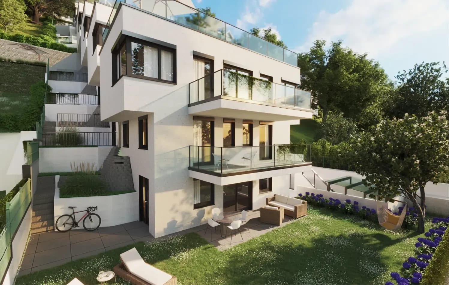 Terrassierte Reihenhäuser am Hang mit Garten